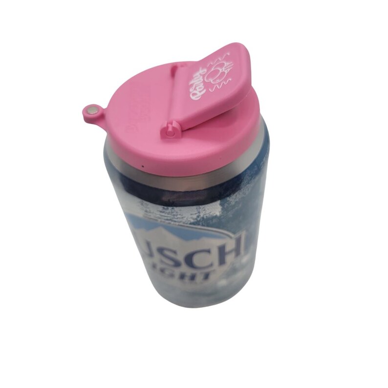May include: A pink can lid with a flip-top lid and a white logo that says "Rally's" on it. The can is blue and white and has the text "Busch Light" on it.