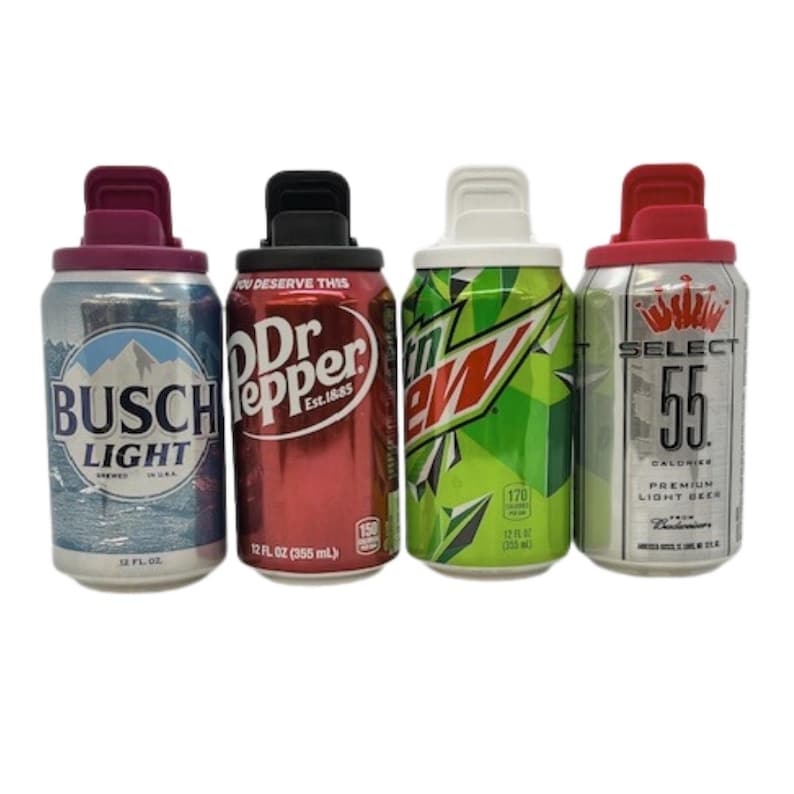 May include: Four aluminum beverage cans with colorful labels and different brand names. Each can has a pink, white, black, or red lid with a flip-top lid.
