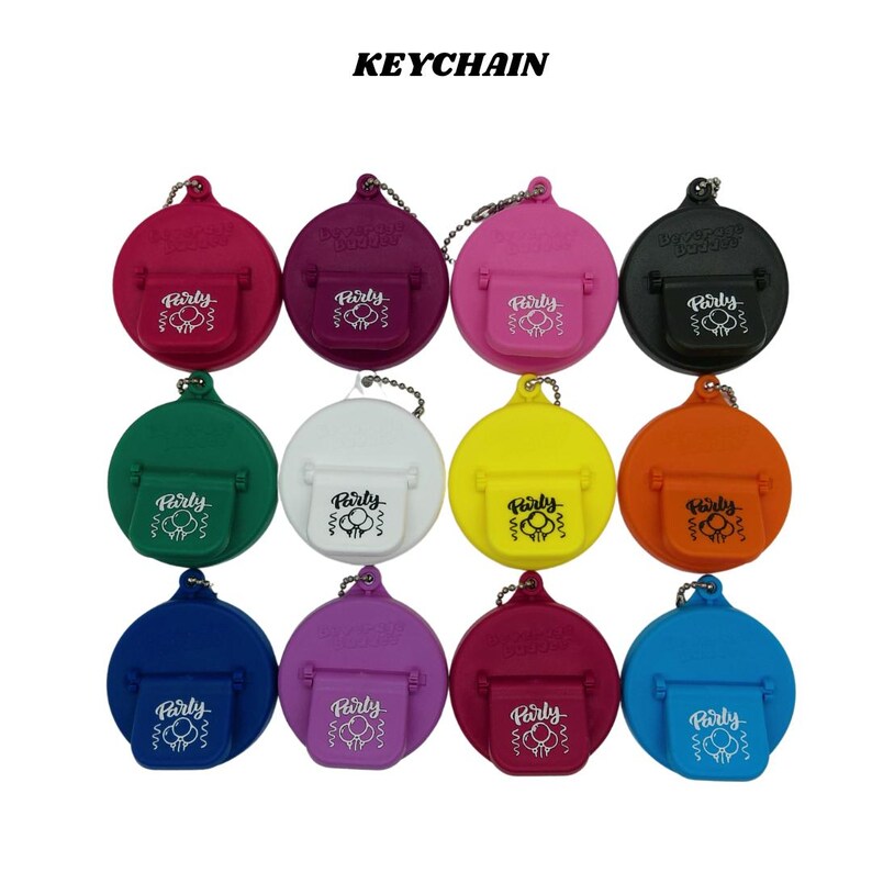 May include: Twelve colorful plastic keychain bottle openers with a white "Party" logo and a balloon graphic. Each keychain is attached to a silver chain.