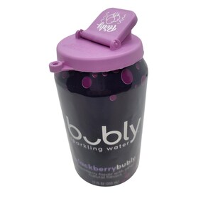 May include: A purple and black Bubly sparkling water can with a pink flip top lid. The can has a design of white polka dots and the text "Blackberry Bubly" and "sparkling water".