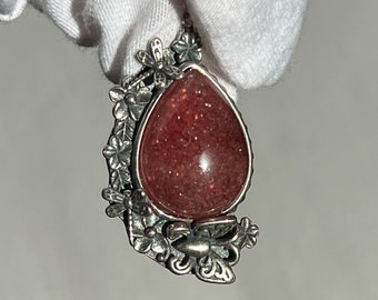 Hand Carved Strawberry Quartz Pendant: Silver925 Floral Top