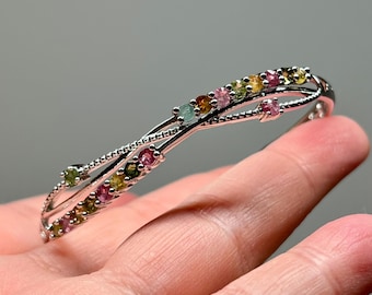 Natural Tourmaline in a sleek stainless steel band Bangle Bracelet - Multicolor Gemstone Jewelry