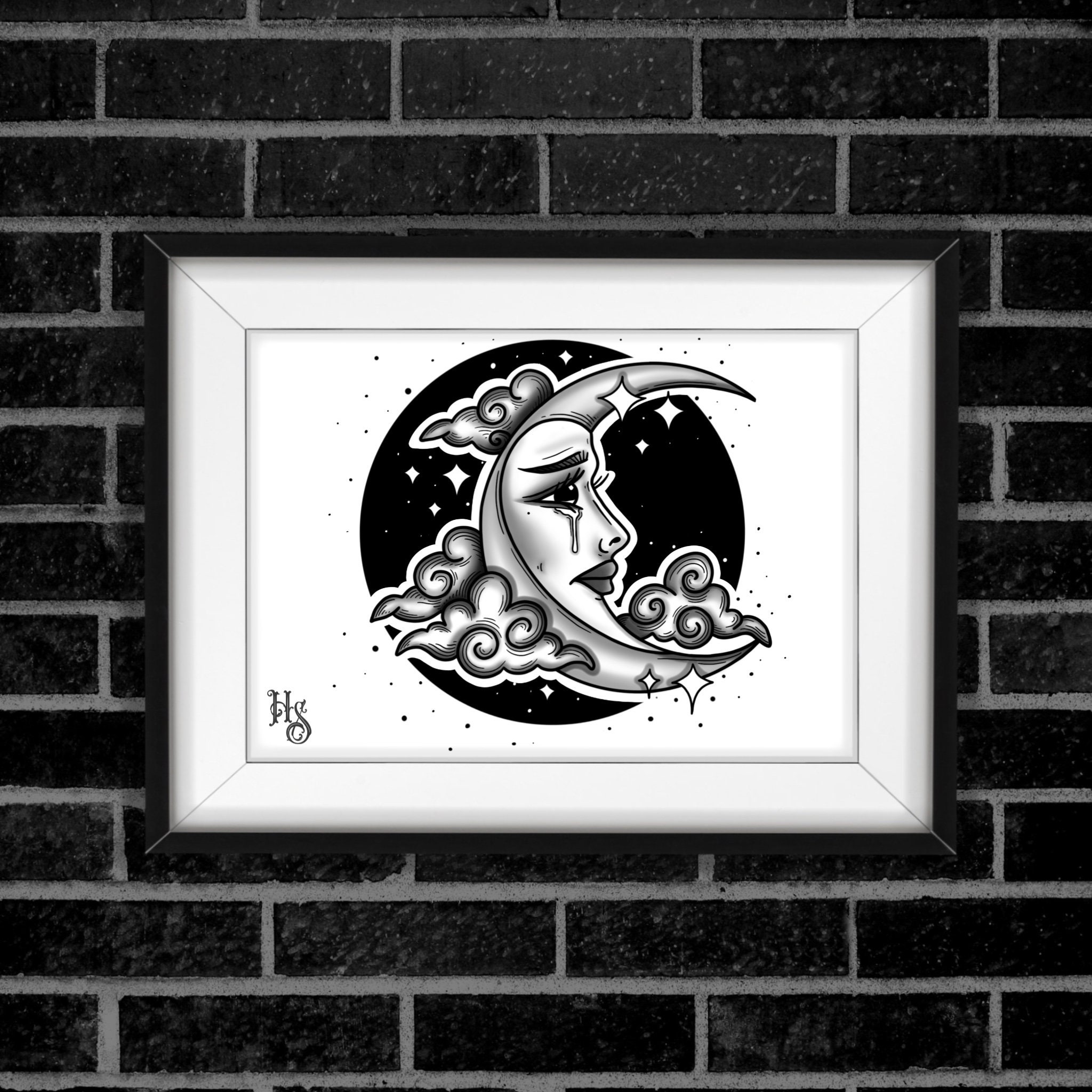 A4 Blackwork Neo Traditional Tattoo Art Flash Print - ‘blue Moon’ - Etsy