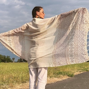 Versatile Prayer Blanket Shawl, Boho Style Eco-Friendly Meditation Sarong, Unique Gift for Mindfull People White
