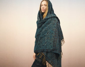 Wollen SHAWL, Knuffelig, Meditatie / yoga DEKEN, SJAAL, paisley, stola, ethno, stedelijke nomade, surfer, unisex Groen-Blauw