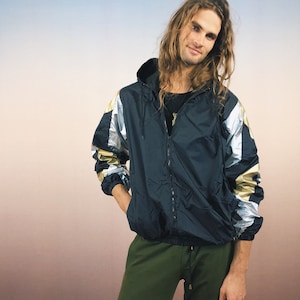 windbreaker hooded jacket, rainjacket, gold, silver, unique, oldschool, festival gear, hip hop, techno, unisex, OG