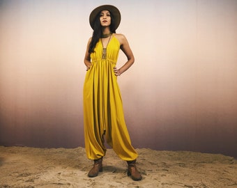 Vintage and handmade cottonlinen bright yellow jumpsuit with cool geometric neckline free shipping