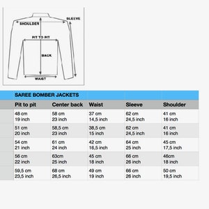 May include: Diagram of a jacket with measurements for Sareee bomber jackets. Measurements are provided in both centimeters and inches for unisex sizes S, M, L, XL, and XXL. Includes pit to pit, center back, waist, sleeve, and shoulder dimensions.
