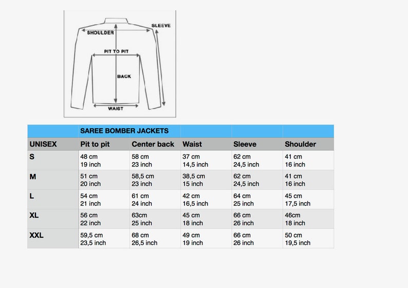 May include: Diagram of a jacket with measurements for Sareee bomber jackets. Measurements are provided in both centimeters and inches for unisex sizes S, M, L, XL, and XXL. Includes pit to pit, center back, waist, sleeve, and shoulder dimensions.