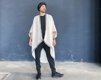 Kimono, cardigan, robe, festival, ornamental border, white, burner, hippie, boho, unisex