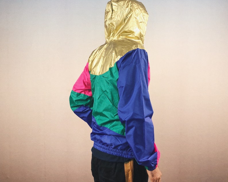 windbreaker, hooded jacket, rain jacket, block color, gold, unique, oldschool, festival gear, hip hop, unisex, OG image 5