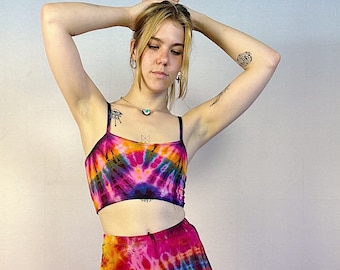 Pink Rainbow Tie Dye Lace Crop Top, motif de dos, belle coupe de dos, Yoga Top, Festival