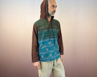 Patchwork-Baumwoll-Hoody mit Kokosnuss-Knopf und indischem Print