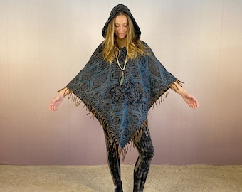 Warm soft and cozy hooded unisex poncho cape for festival with paisley pattern print