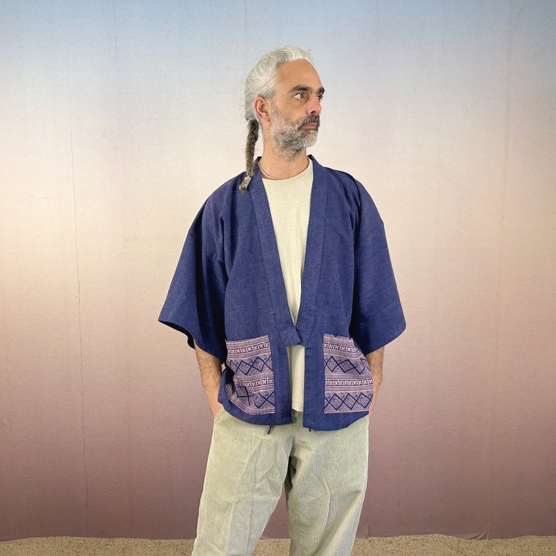 Embroidered Denim Haori Short Kimono, Unisex Japanese Style Jacket, Stylish Festival or Urban Outfit image 7