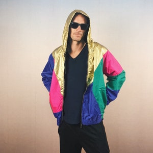 windbreaker, hooded jacket, rain jacket, block color, gold, unique, oldschool, festival gear, hip hop, unisex, OG image 4