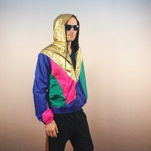 windbreaker, hooded jacket, rain jacket, block color, gold, unique, oldschool, festival gear, hip hop, unisex, OG image 3