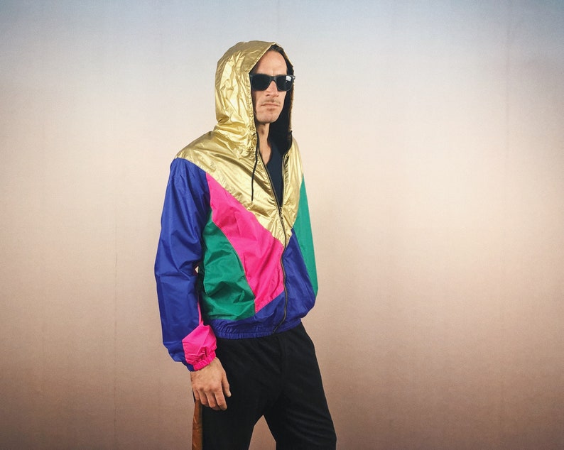windbreaker, hooded jacket, rain jacket, block color, gold, unique, oldschool, festival gear, hip hop, unisex, OG image 3