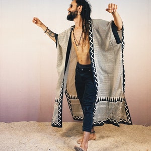 Kimono, lang, Blockprint, unique, natürlich, Ethno, erdig, Boho, Burner, Festival, zeremoniell, unisex