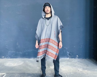 Poncho, Cape, Hooded Wrap, Grey, Woolen, Unisex, Burner, Festival, Boho