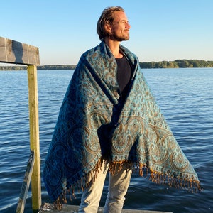 Châle en laine, câlin, couverture de méditation / yoga, ÉCHARPE, motif cachemire, étole, ethno, nomad urbain, surfeur, unisexe vert-bleu image 5
