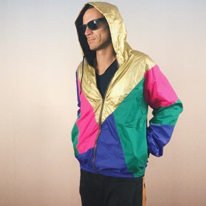windbreaker, hooded jacket, rain jacket, block color, gold, unique, oldschool, festival gear, hip hop, unisex, OG image 1