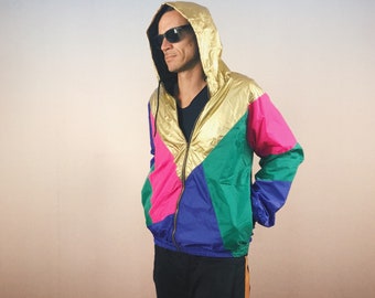windbreaker, hooded jacket, rain jacket, block color, gold, unique, oldschool, festival gear, hip hop, unisex, OG