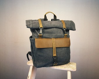 BACKPACK leather & canvas, LAPTOP backpack, ROLLTOP, Rucksack, city nomad, rustic, outdoor, anthracite