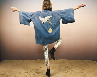 Kimono, japanese Style, denim, light blue, embroidery, crane, unisex