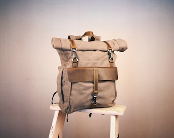 BACKPACK leather & canvas, LAPTOP backpack, ROLLTOP, Rucksack, city nomad, rustic, outdoor, brown