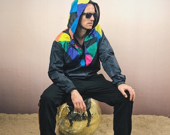 party jacket, windbreaker hooded jacket, rainjacket, block color, unique, oldschool, festival gear, hip hop, techno, unisex, OG