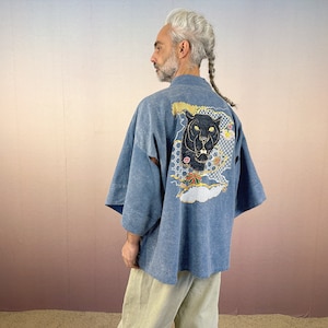 Kimono, japanischer Stil, Denim, hellblau, Stickerei, Kranich, Jeans, unisex Bild 5