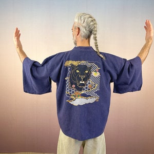 Embroidered Denim Haori Short Kimono, Unisex Japanese Style Jacket, Stylish Festival or Urban Outfit Blue