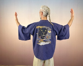 Kimono, japanischer Stil, Denim, hellblau, Stickerei, Kranich, Jeans, unisex