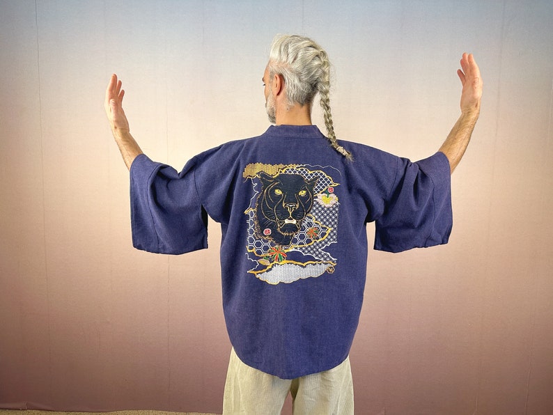 Kimono, japanischer Stil, Denim, hellblau, Stickerei, Kranich, Jeans, unisex Blau