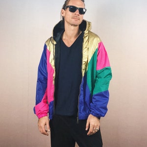 windbreaker, hooded jacket, rain jacket, block color, gold, unique, oldschool, festival gear, hip hop, unisex, OG image 2