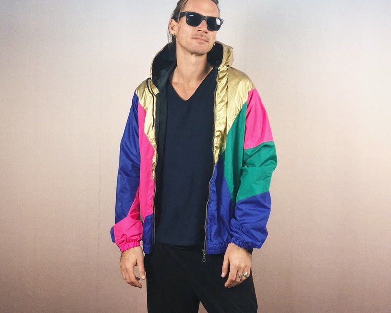 windbreaker, hooded jacket, rain jacket, block color, gold, unique, oldschool, festival gear, hip hop, unisex, OG image 2