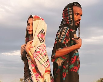 Boho Fleece Poncho Ethno Pattern Soft Blanket Festival Bohemian Men Woman Poncho
