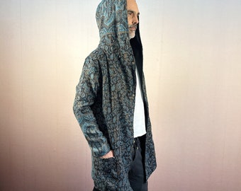 Kapuzen-Cardigan-Parka mit großen Taschen, schwarzem Jersey-Futter, Paisley-Muster, geschlechtsneutrale Kleidung für Freizeitkleidung