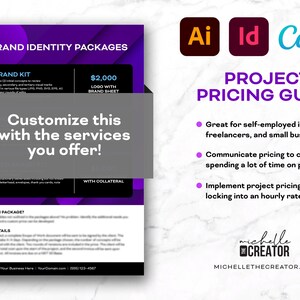Prisguide för projekttjänster // Purple Bundle // Mallar för Adobe Illustrator, Adobe InDesign och Canva