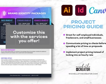 Guía de precios de proyectos para servicios // Paquete azul // Adobe Illustrator, Adobe InDesign, Canva Templates