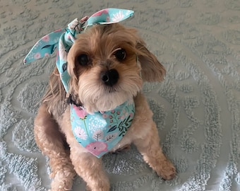 Light blue floral scrunchie slip on dog bandana