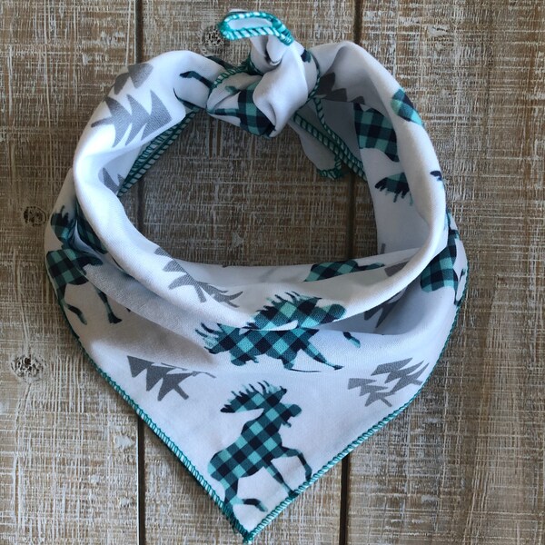 Winter moose tie on dog bandana gray and teal green