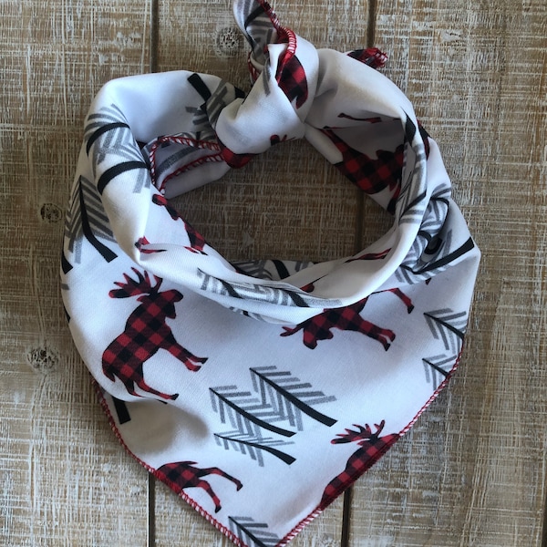Winter moose tie on dog bandana gray and red