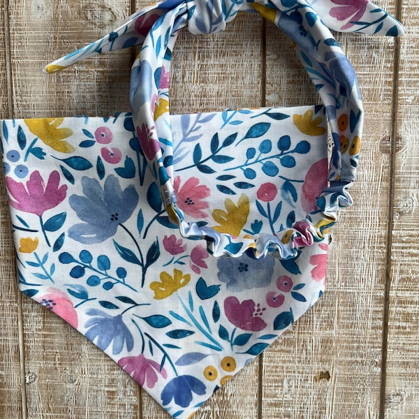 Blue pink and yellow floral scrunchie slip on dog bandana matching headband bundle