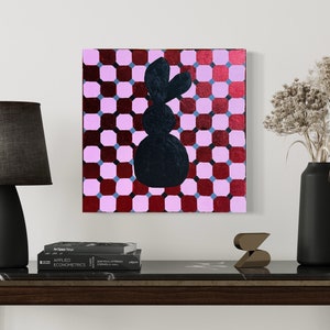 Original Acrylic Geometry Painting of Rabbit - Semi-Abstract Colorful Rabbit Art with Red Potal on Canvas