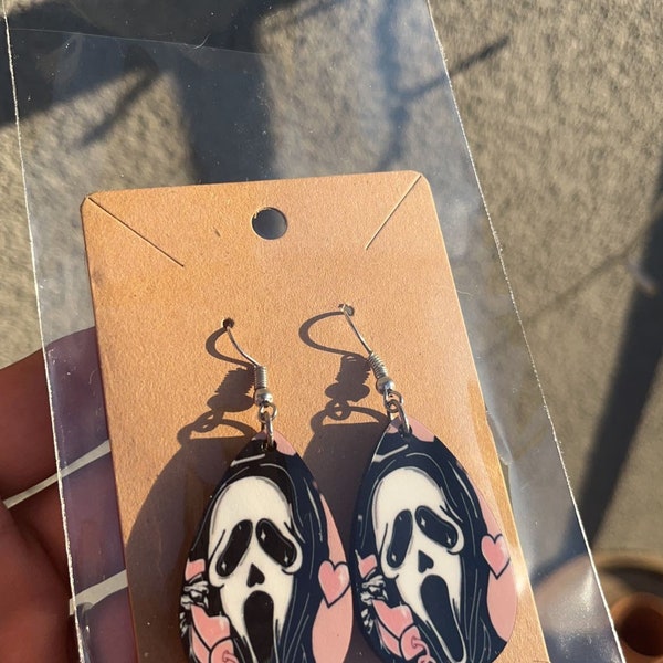 Pink GhostFace Heart TearDrop Earrings