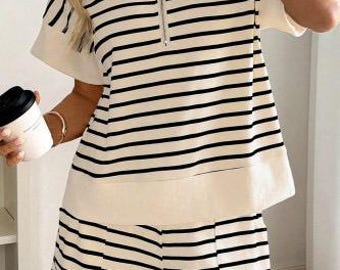 Schwarz Streifen Gerippt Color Block Trim Zip Polo T-Shirt Kordelzug Shorts 2er Outfit