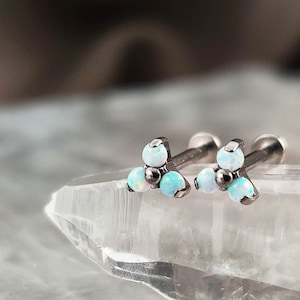 PAIR Titanium White Trinity Opal Cartilage Studs, 16G Implant Grade Lab Opal Helix Earrings, Fire Opal Flat Back Earrings