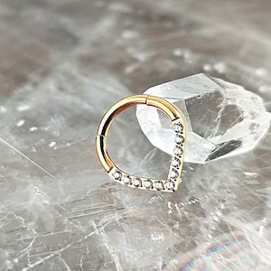 Titanium Gold 'V' CZ Ring Hoop Cartilage, 16G Implant Grade Titanium Cubic Zirconia Helix Hoop, Cool Segment Nose Hoop Ring